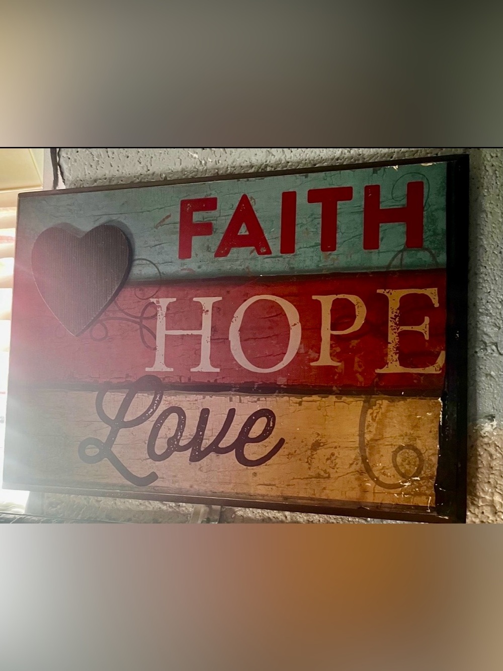 Faith Hope Love Rustic Wall Art Sign - Red, Teal, Tan